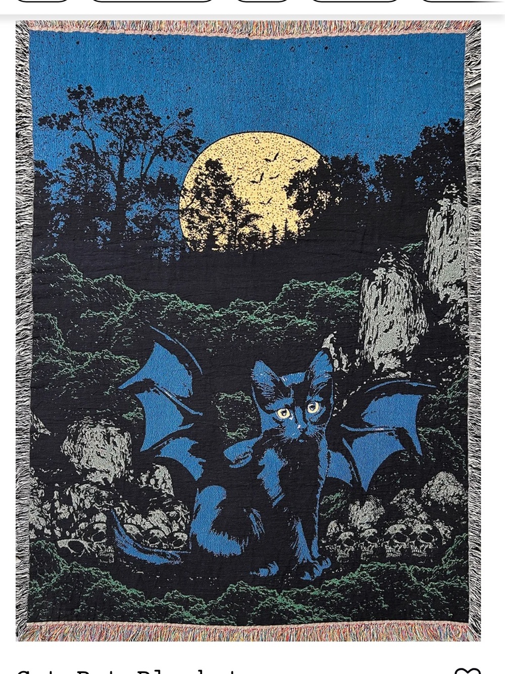 RARE Gothic Woven Cotton Throw Blanket Cat Bat 60”x80” Halloween Spooky Moon
